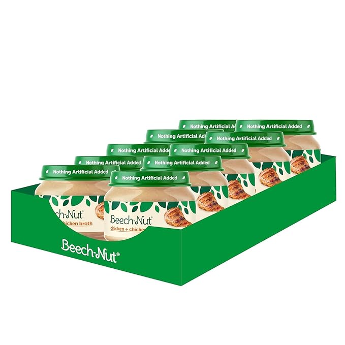 Beech-Nut Meat Baby Food Jars, Chicken & Chicken Broth Puree, 7g Protein, Stage 1 Baby Food for Babies 4 Months and Up, 2.5oz Glass Jars, 10ct