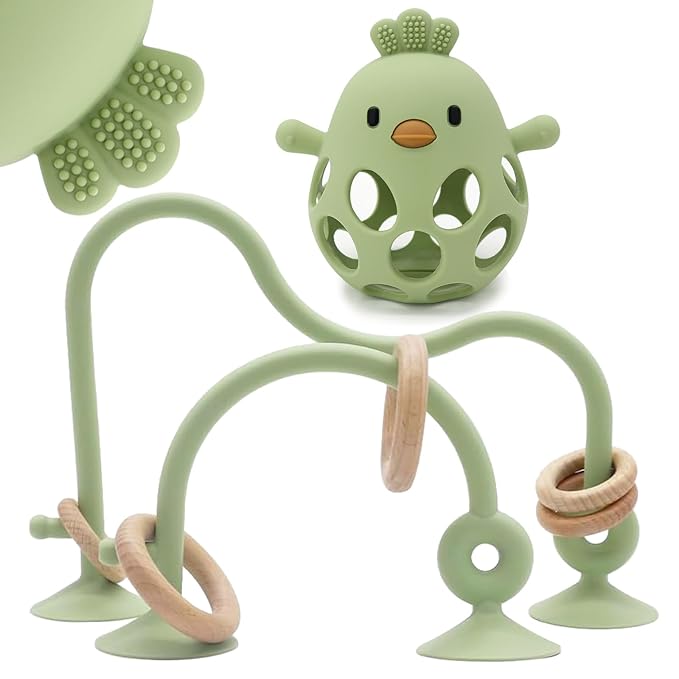 Baby High Chair Toys Teething Chew - Baby Suction Table Toys, Teething Silicone Teethers, Table, Food Grade Silicon for 6 12 18 Months (Green)