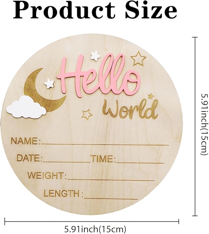 Baby Announcement Sign, 5.9 Inch Wooden Hello World Newborn Signs, Birth Announcement Sign and Pen, Moon and White Cloud Decoration, Welcome Newborn Arrival to World, Hospital Nursery for baby (Pink)