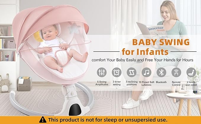 Baby Swing for Infants,Comfort Cradling Baby Rocker Portable Newborn Swing with Music/Remote Control/Timing Function,Pink