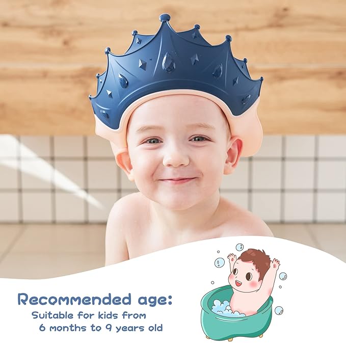 Baby Shower Cap Shield, Shower Cap for Kids, Visor Hat for Eye and Ear Protection for 0-9 Years Old Children, Cute Crown Shape Makes The Baby Bath More Fun(Blue)