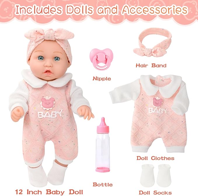 DONTNO 12'' Baby Doll in Gift Box with Pink Bear Pattern Clothes Accessories Playset,Pacifier,Feeding Bottle. Used for Gift Idea for Child Ages 3+