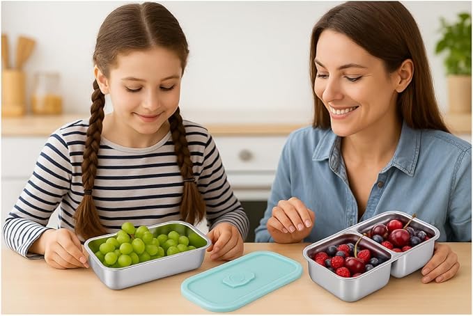 2 Pack Stainless Steel Snack Containers – Leakproof Reusable Bento Boxes with Lids for Food Storage, Travel, Work, Outdoor (Clear Lid/Silver Base, 1+2 Mixed)