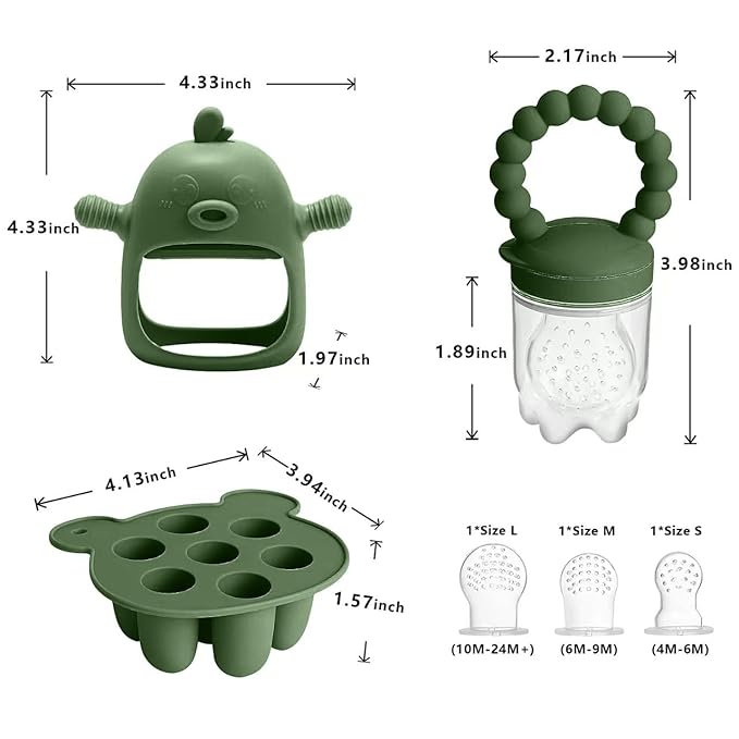 Baby Fruit Food Feeder Breastmilk Popsicle Molds for Teething Relief - 3 Pack Feeding Sets -1 Freezer Tray with Lid & 1 Teether Toy & 1 Silicone Pacifier + 3 Extra Sizes Infant Feed Mesh (Olive Green)