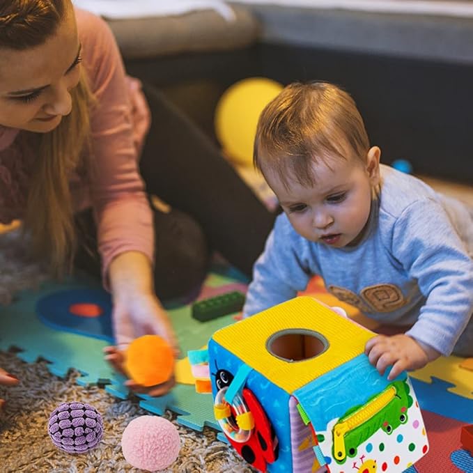 beetoy Sensory Busy Cube for Baby, Montessori Infant Toys with Textured Sensory Balls, Early Learning Travel Toys for Fine Motor Skills, Perfect Newborn Boy and Girl Gift