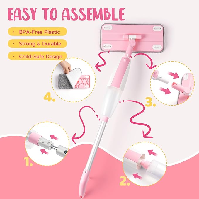 Kids Cleaning Toy Set,Pink Mini Spray Mop Montessori Toys Pretend Play Cleaning Tool for Toddlers with Spray Mop & Kids Broom Dustpan Set Cleaning Toys Gift for Toddlers Girls Boys Age 3+