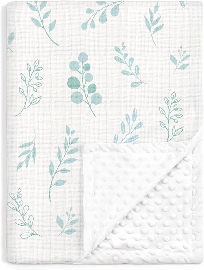 Baby Blankets for Boys Girls, Soft Nursery Minky Blankets with Muslin and Dotted Fleece Back 30x40 inches, Receiving Bed Quilt for Newborn, Infants, Toddlers (Leaf)