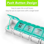 Extra Large Weekly Pill Organizer 2 Times a Day - Remtise Am/Pm Daily Pill Case Medicine Organizer, Push Button 7 Day Pill Box for Pills/Vitamin/Cod Liver Oil/Supplements (Cyan & Yellow)
