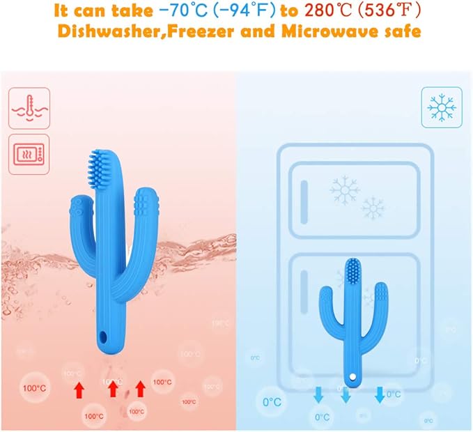 Cactus Teether, Baby Teething Toys for Babies, Self-Soothing Pain Relief Soft Baby Toothbrush for Babies, Toddlers, Infants, Boy and Girl, Natural Organic BPA Free(Blue)