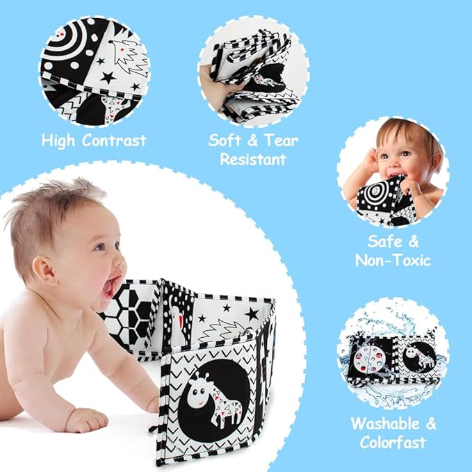 Cawgug Black and White High Contrast Baby Toys for Newborn Brain Development Tummy Time Soft Book Babies 0-3 6-12 Months Montessori Learning Activities Infant and Sensory Visual Stimulation Toys