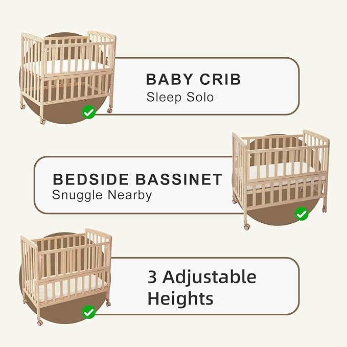 Baby Bassinets Bedside Sleeper - Portable Pine Wood Bedside Bassinet,6 Heights Small Mini Crib with Mattress,Space-Saving Design Baby Crib for Newborns 0-12 Months,Unpainted