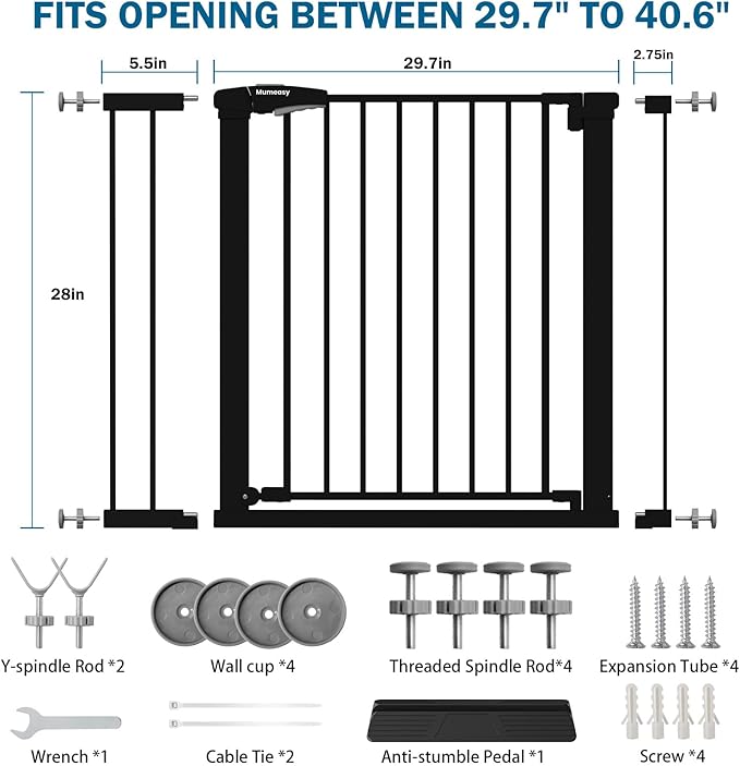 Baby Gate for Stairs, 29.7-40.6" Pressure Mounted Dog Gate, Auto Close Safety Gate for Children & Pets, Easy Install Pet Gate with Walk Thru Door for Doorways & Hallways, No Drilling, Dual-Lock Design
