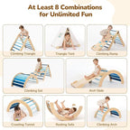 Pikler Triangle Set with Cushion, 8-in-1 Toddler Climbing Toys Indoor, Wooden Montessori Climbing Set with Arch Ramp,Ladder&Tent Cloth, Baby Indoor Climber Jungle Gyms for Toddlers Toy, Blue