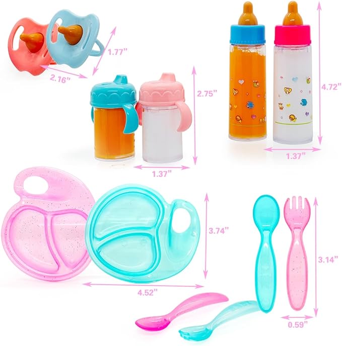 Baby Doll Accessories Magic Bottle set Magic Disappearing Milk Juice Bottles Sippy Cups with Pacifiers Bowl Spoons, Doll Bottle Toys Feeding Pretend Playset for Kids Girls Ages 3+ (Middle set(12pcs))