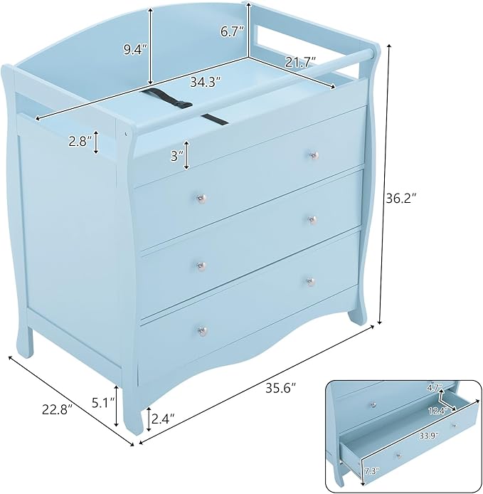 3-Drawer Changing Table, Safety Rails & Strap, Infant Diaper Changing Station with Drawers, Baby Diaper Changing Table Dresser for Nursery, Easy Assembly (Blue)