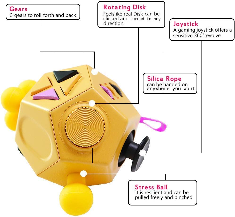 12 Sided Cube Toys,Fidget Toys Relief Stress and Anxiety Depression Anti for Kids and Adults with ADD, ADHD, OCD, Autism (Yellow, Normal)