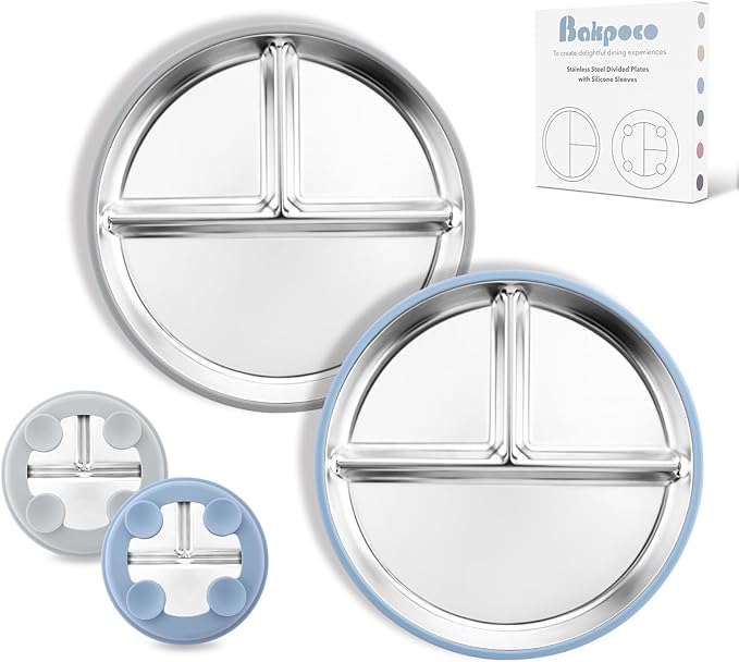 8" Stainless Steel Toddler Plates with Suction, Divided Plates with Removable Silicone Sleeves for Baby, Non Toxic & BPA Free |Unbreakable |Dishwasher Safe Dinnerware Set of 2, Blue & Gray