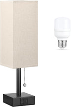 Small Linen Bedroom Lamp - 3 Color Temperature 3000K 5000K 4000K Bedside Lamp, Pull Chain Control, USB A and C Charging Ports, Black Base, for Kids Office Dorm, Bulb Included