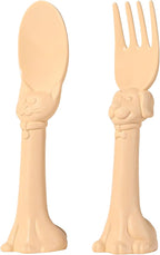 Made in USA Spoon la la Toddler Utensils Set - 2 Pack (1 Spoon & 1 Fork for Kids) - Self-Standing 3D Ergonomic Cat & Dog Handles - BPA-free, Dishwasher Safe, Baby Silverware (Yellow)