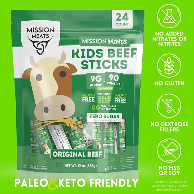 Mission Meats Kids Beef Sticks, 100% Grass Fed, Healthy Snacks for Kids, Zero Sugar, 9g Protein per Serving, Gluten & Nut Free, Individually Wrapped, Mini 0.5oz (24ct Bag)