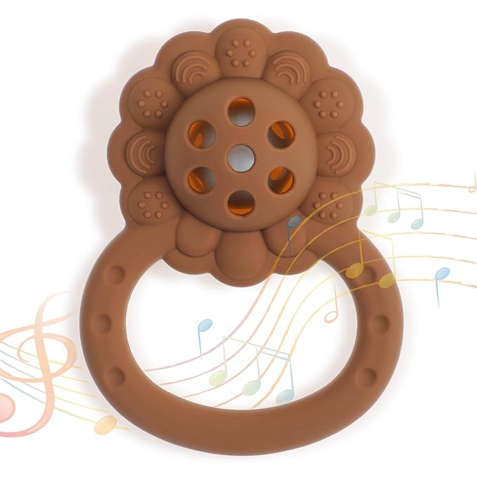 Rattle Teether, Lion Shape Montessori Baby Sensory Teething Toys, Food Grade Silicone BPA Free, Newborn Essentials Must Haves (Daffodil Clay)