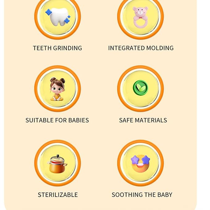 Baby Bear Teething Ring Rattle, Soft Silicone Teether Toy, Brown + Gray