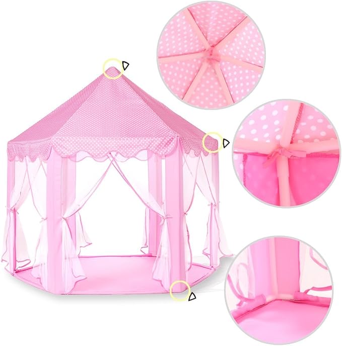 Princess Castle Tent for Girls Fairy Play Tents for Kids Hexagon Playhouse with Big Fairy Star Lights Toys for Children or Toddlers Indoor or Outdoor Games (Pink Princess Tent with Big Star Lights)