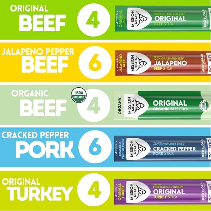 Mission Meats Variety Pack with Certified Organic Beef, Grass Fed, Free Range Turkey, and Cracked Pepper Pork – Gluten & Sugar Free, Whole 30 & Paleo Friendly, Delicious and Family Friendly (24 Count)