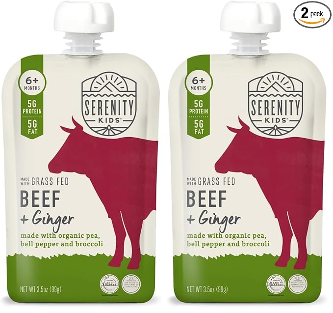 Serenity Kids 6+ Months Baby Food Pouches Puree Made With Ethically Sourced Meats & Organic Veggies | 3.5 Ounce BPA-Free Pouch | Grass Fed Beef & Ginger, Pea, Bell Pepper, Broccoli | 1 Count