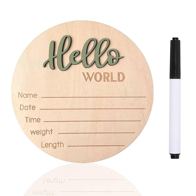 Baby Announcement Sign, 5.9 Inch Wooden Hello World Newborn Signs, Birth Announcement Sign, Baby Shower Hospital Nursery for Newborn Boys and Girls (Forest Green,Pen)