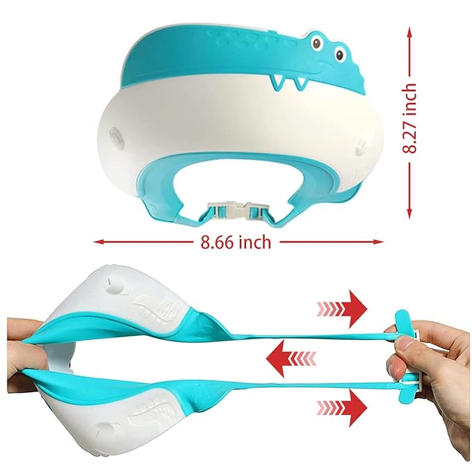 Baby Shower Cap Shield, Shower Cap for Kids, Visor Hat for Eye and Ear Protection for 0-9 Years Old Children,Cute Dinosaur/Crocodile/Hippo shape Makes the Baby Bath More Fun (Crocodile, Blue)