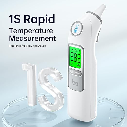 Ear Thermometer, Highly Accurate Ear Thermometer for Kids, Adults and Babies, 30 Memory Recall, 1s Result and 3-Color Fever Alert, with 24 Disposable Probe Covers, Gray