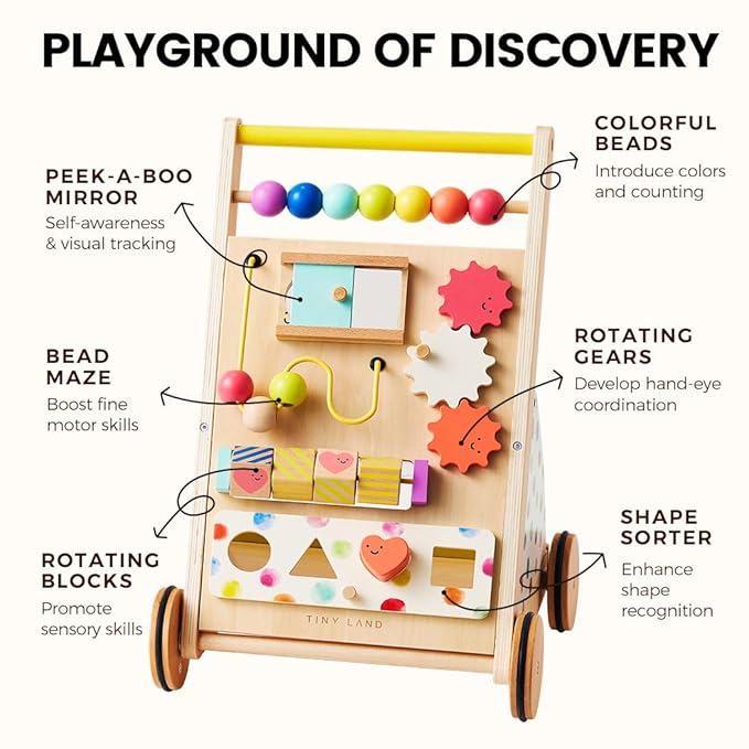 Tiny Land Wooden Baby Walker, Adjustable Speed Baby Push Walker for Boys and Girls, Montessori Activity Center Push Toy for Kids Development (Rainbow)