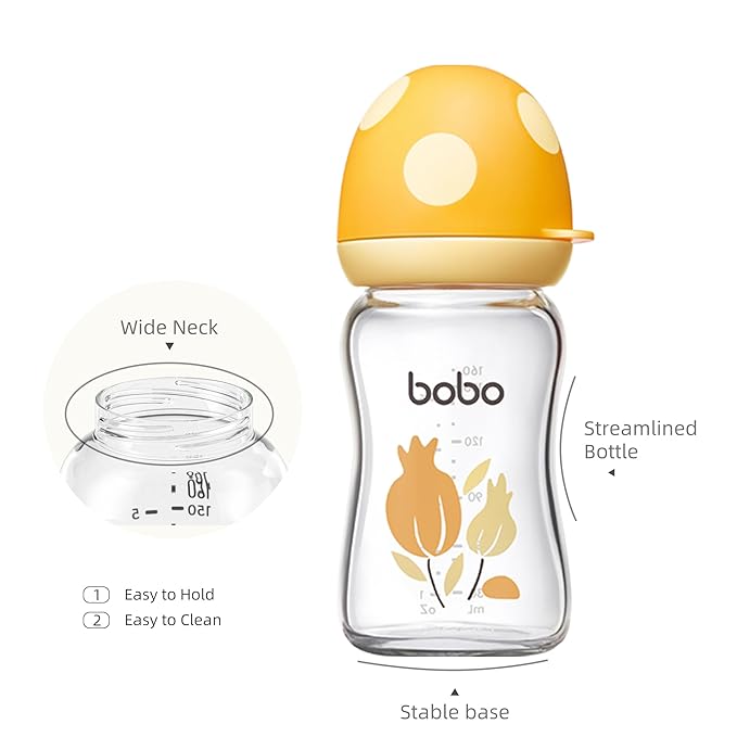 YOHKOH Natural Glass Baby Bottle with Natural Response Nipple, Newborn Anti-Colic Baby Bottles, Wide Neck Mushroom Cap Baby Bottle, Clear (Yellow, (5.4oz (Pack of 2))