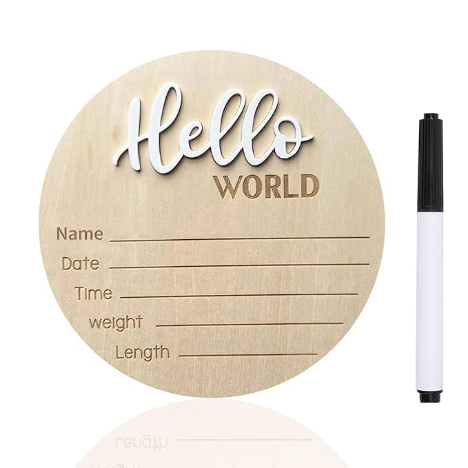 Baby Announcement Sign, 5.9 Inch Wooden Hello World Newborn Signs, Birth Announcement Sign, Baby Shower Hospital Nursery for Newborn Boys and Girls (White,Pen)
