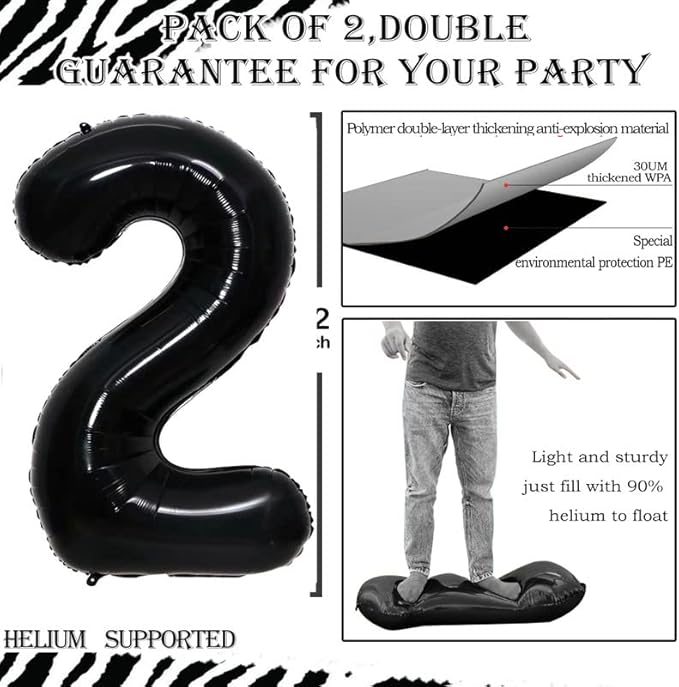 GOER Black Foil Balloons Number 2,Huge Number Balloons for 2nd Birthday Party Supplies Anniversary Decorations (3 pcs,42 inch,32 inch,16inch)