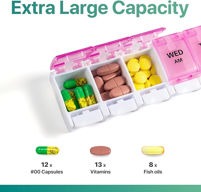 Sukuos AM PM Weekly Pill Organizer 7 Day, 2 Times A Day Medicine Pill Box with Easy Push Button, BPA Free Vitamin Cases for Fish Oil/Supplements, Easy to Clean (Purple&Pink)