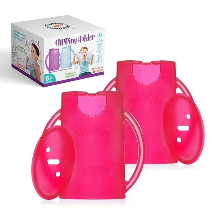 Flipping Holder Squeeze Proof Pouch Holder (2-pack with lids) for Food Pouches & Juice Boxes - Multipurpose - Prevent Messes & Support Self-Feeding - Easy Grasping Handles - Made in USA