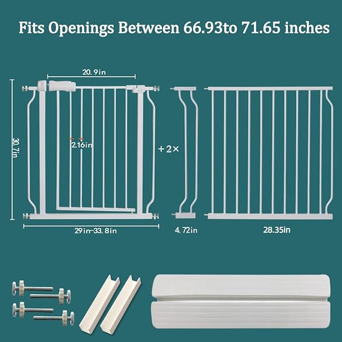 ALLAIBB Extra Wide Pressure Mounted Baby Gate Walk Through Child Kids Safety Toddler Tension White Long Large Pet Dog Gates with Extension for doorways Kitchen (66.93"-71.65"/170-182cm)
