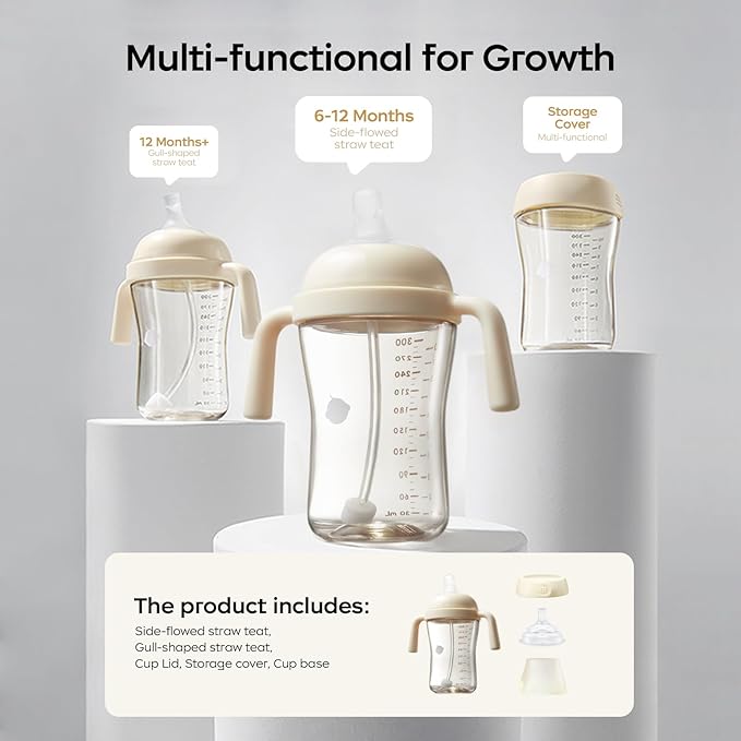 bc babycare Sippy Cup Learner for 6+ Month Old with Nipples & Handles, Spill Proof Sippy Cup, Weighted Straw Toddler Cups, Anti-Choking Baby Cups 1 Pack,Beige