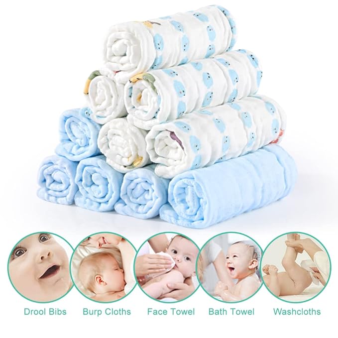 Yoofoss Muslin Baby Washcloths 100% Organic Cotton Face Towels 10 Pack Wash Cloths for Baby 12x12in Soft and Absorbent Baby Wipes (Multicolor)