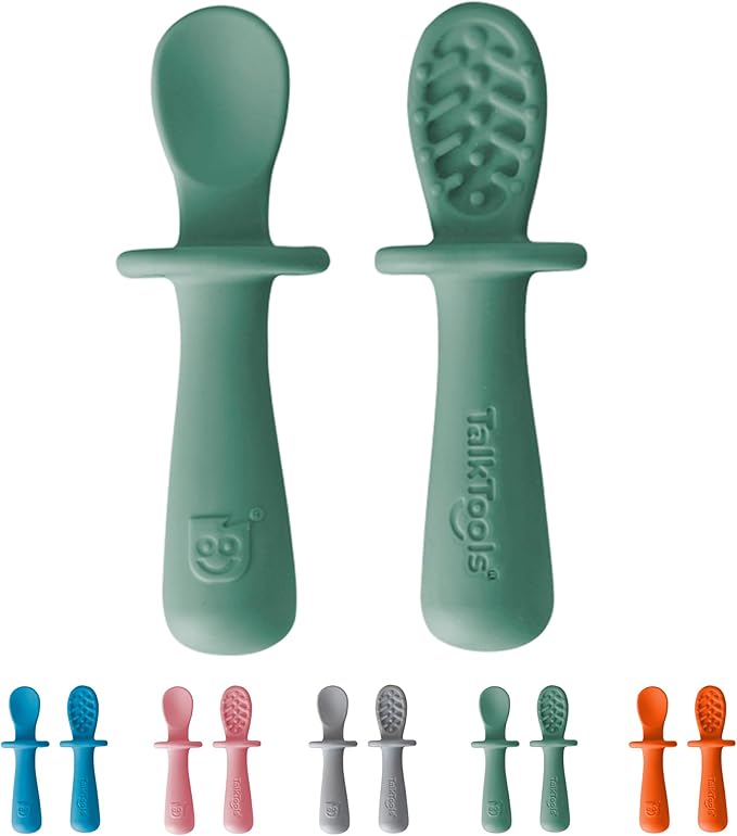 TalkTools ITSY Tiny Silicone Spoons – Twin Pack Soft Silicone Self-Feeding Training Spoons for Kids & Toddlers, Anti-Choking Flange Guard and Non-Slip Handle (Sage)