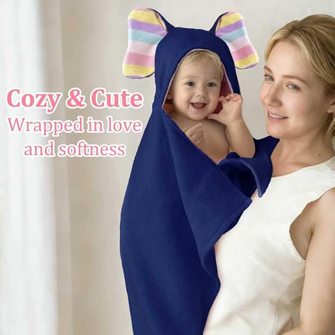 VOOVA & MOVAS Thick Baby Hooded Bath Towel - 100% Cotton,500GSM, 33x31.5 Inches,0-2Years, Super Absorbent Large Towel with Cute Elephant Ears Hood for Newborn, Baby, Infant, Navy