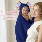 VOOVA & MOVAS Thick Baby Hooded Bath Towel - 100% Cotton,500GSM, 33x31.5 Inches,0-2Years, Super Absorbent Large Towel with Cute Elephant Ears Hood for Newborn, Baby, Infant, Navy