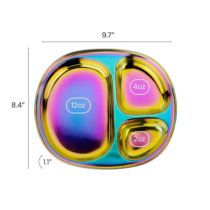Ahimsa Stainless Steel Plates for Kids - Divided Plates for Toddlers, Pediatrician Designed, Non Toxic Toddler Plate, BPA Free & Dishwasher Safe (Rainbow Set of 4)