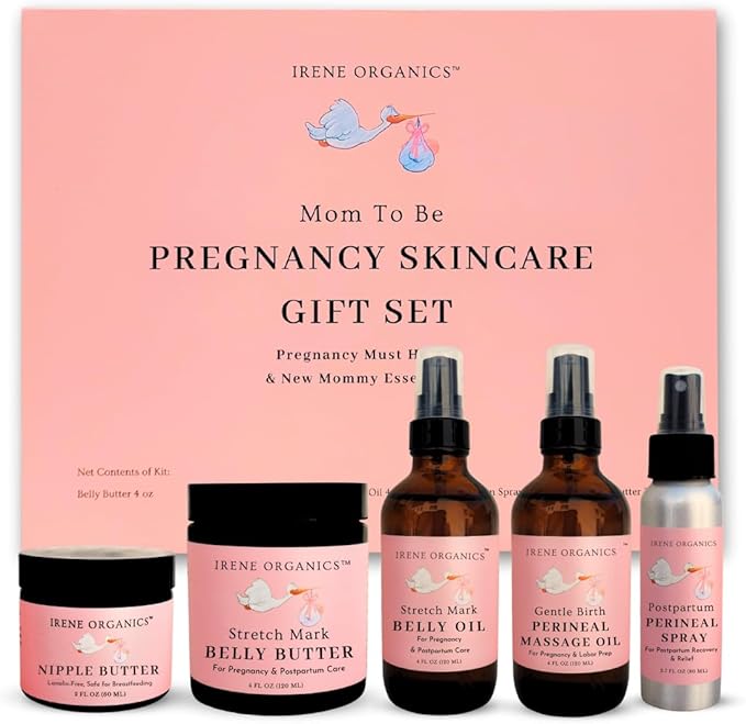 Irene Organics Belly Bundle – 5 Piece Pregnancy Skincare Gift Set with Organic Belly Butter & Natural Body Oil for Stretch Marks (5 piece set)