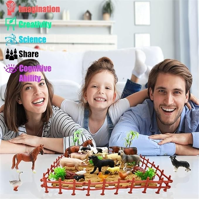 BOLZRA Farm Animal Figurines, Realistic Plastic Animals Toys with Fences Building Blocks, Farm Figures Playset Educational Birthday Gift for Kids & Toddlers, 53 PCS