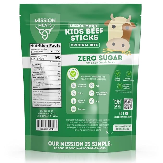 Mission Meats Kids Beef Sticks, 100% Grass Fed, Healthy Snacks for Kids, Zero Sugar, 9g Protein per Serving, Gluten & Nut Free, Individually Wrapped, Mini 0.5oz (24ct Bag)