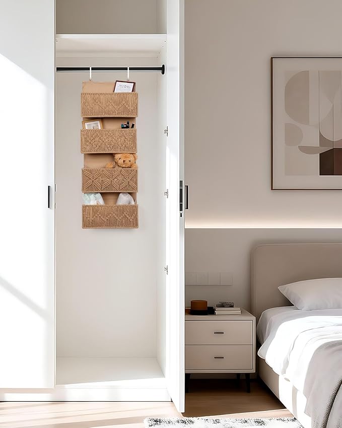 ANTIS'S HOME Nursery Over The Door Organizer Boho Decor Nursery Storage with 4 Large Woven Pockets, Macrame Nursery Organizers and Toys Storage, Behind Door for Bathroom, Bedroom, Brown