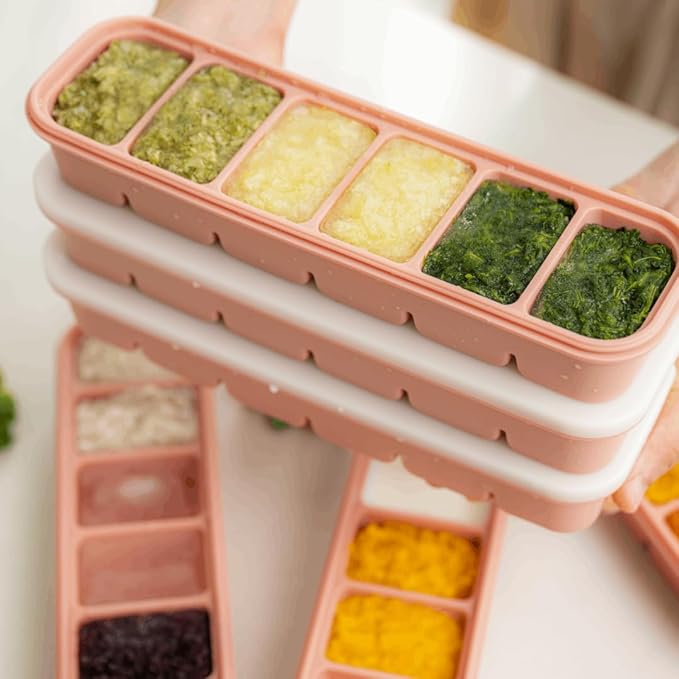 MOMOBIN Silicone Freezer Tray, Made in Korea, Meal Prep, Freeze Food Storage Cubes Trays with Lids for Purees, Soups, Solid Food Fruit Vegitable Brastmilk, Easy and Safe Design